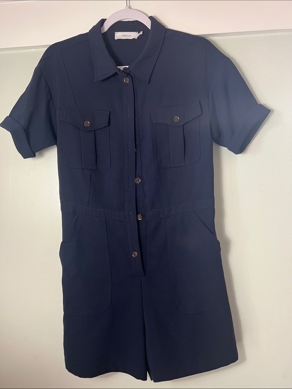 Greylin Navy Utility Short-Sleeve Romper